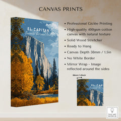 El Capitan Travel Poster – Yosemite National Park Granite Monolith Art canvas print with detailed product features.