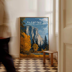 El Capitan Travel Poster – Yosemite National Park Granite Monolith Art displayed in a stylish indoor setting.