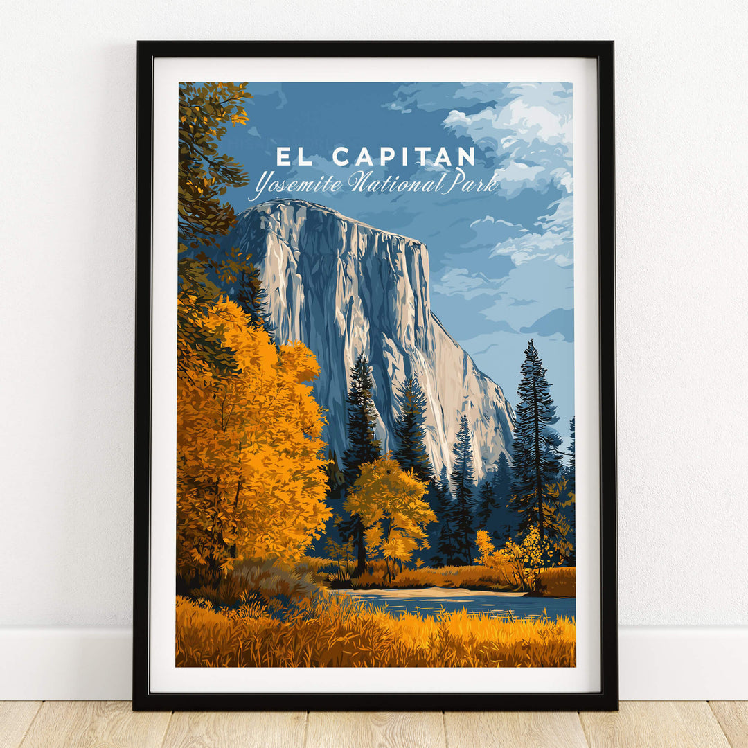 El Capitan Travel Poster – Yosemite National Park Granite Monolith Art framed on wall with vibrant colors and nature.