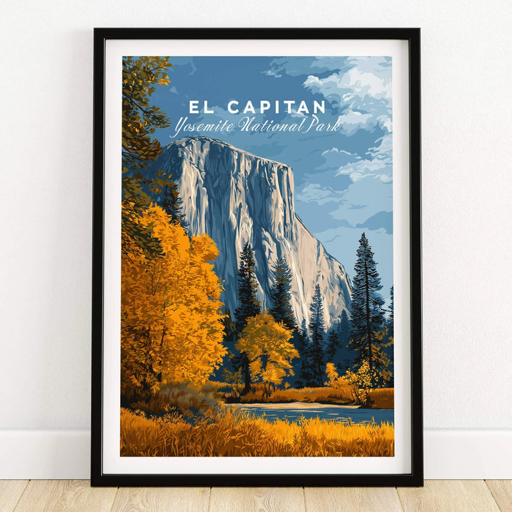 El Capitan Travel Poster – Yosemite National Park Granite Monolith Art framed on wall with vibrant colors and nature.