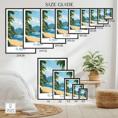 El Nido Travel Poster size guide showcasing various frame options and vibrant beach landscape.