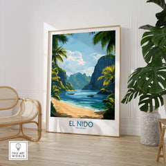 El Nido Travel Poster showcasing a beautiful beach scene with vibrant greenery and mountains in a stylish interior setting.
