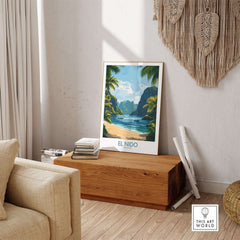 El Nido Travel Poster featuring a beach landscape that captures the beauty of El Nido, perfect for home decor.