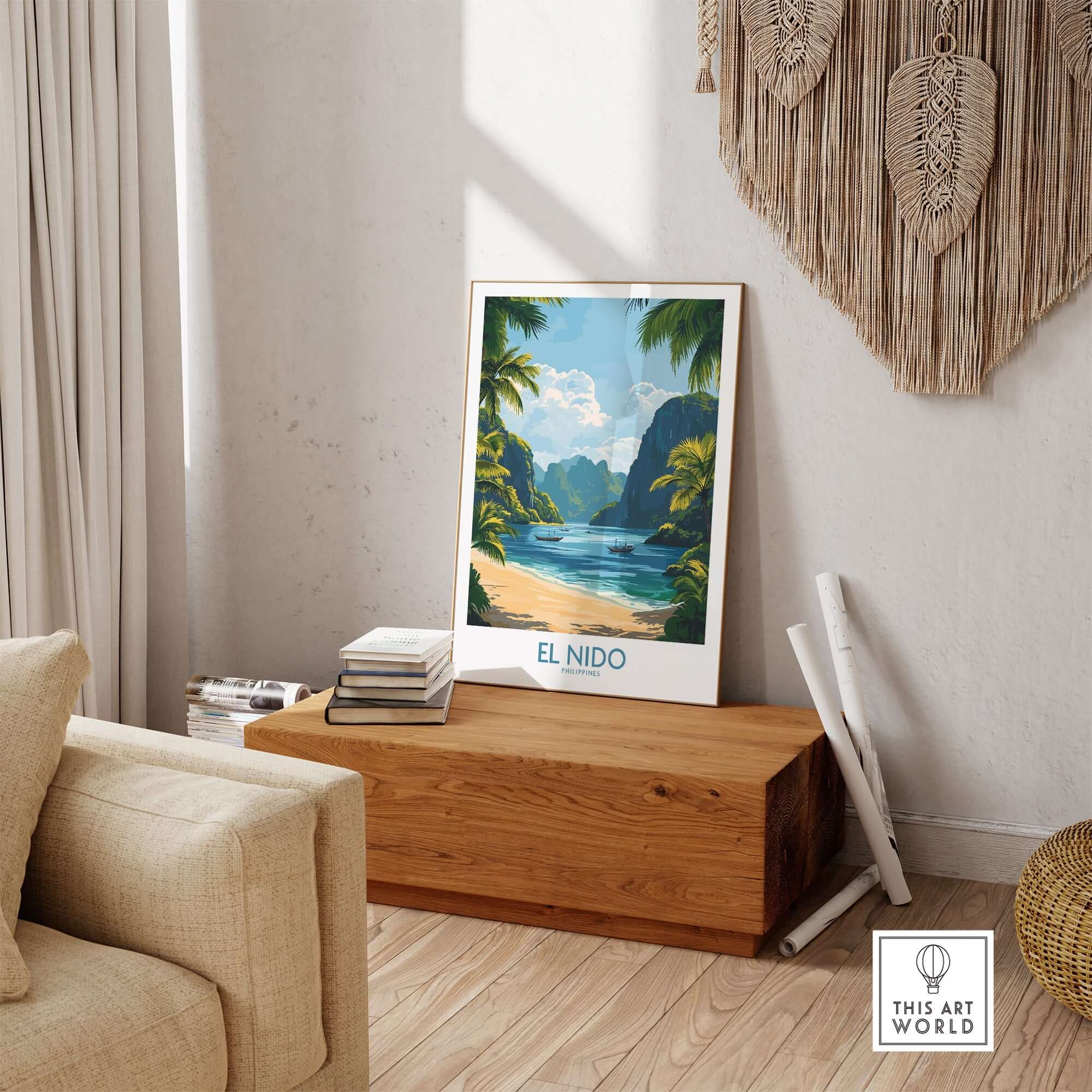 El Nido Travel Poster featuring a beach landscape that captures the beauty of El Nido, perfect for home decor.