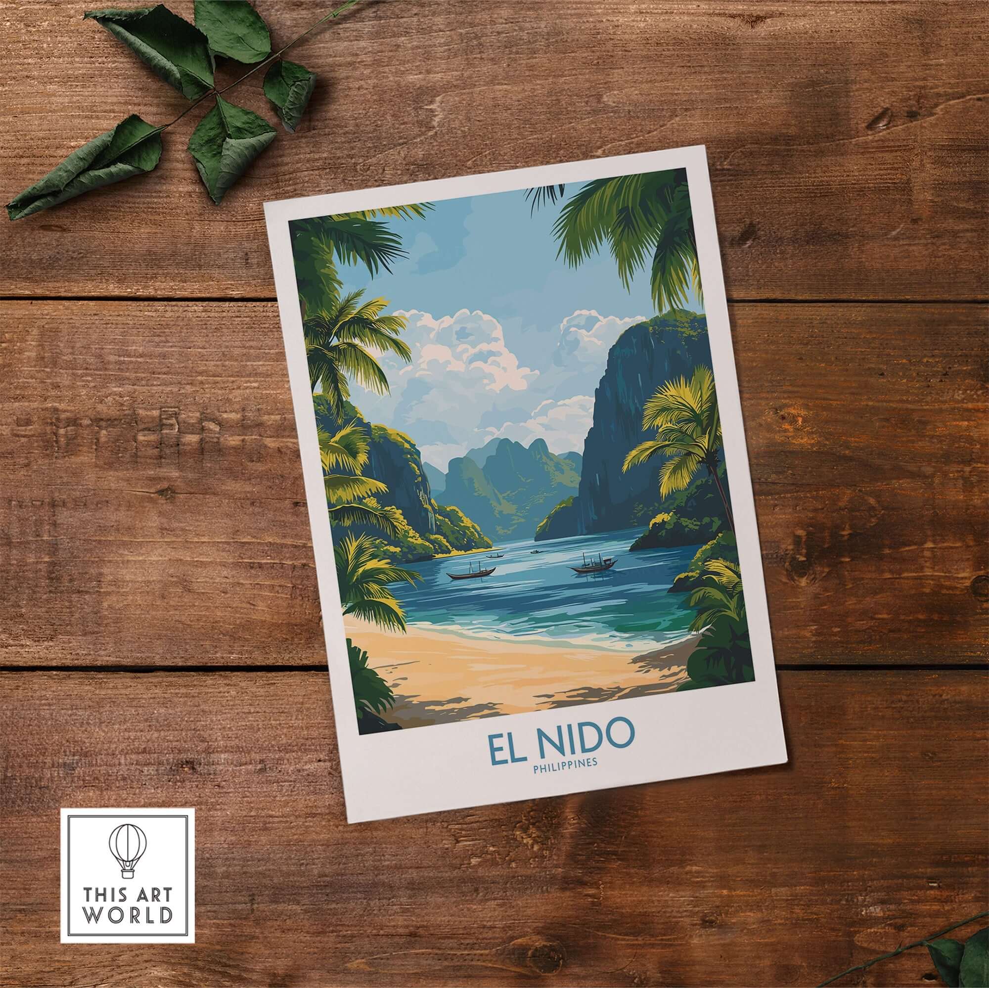 El Nido Travel Poster showcasing a tropical landscape with vibrant colors and iconic landmarks, perfect for home decor.