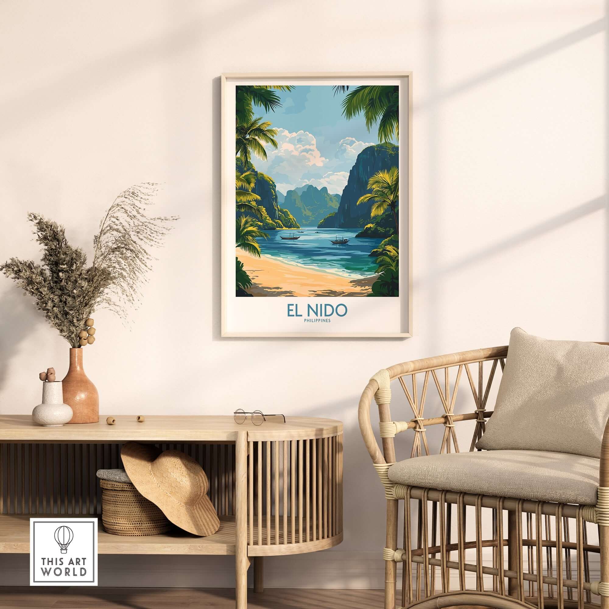 El Nido Travel Poster showcasing a vibrant beach scene with tropical landscapes and a cozy home decor setting.