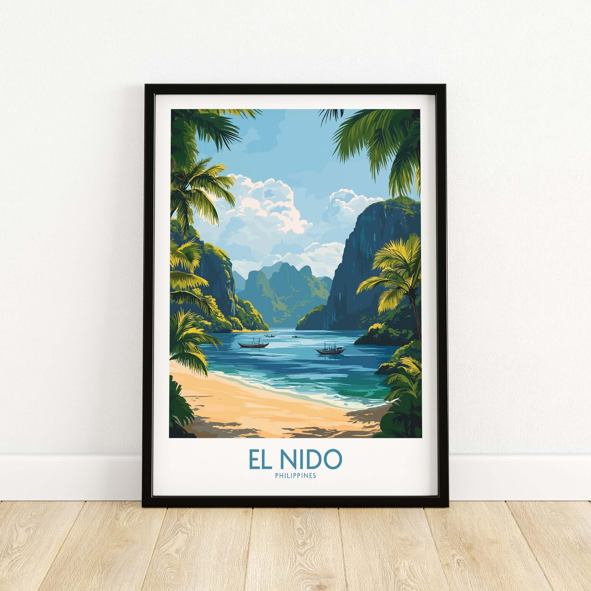 El Nido Travel Poster featuring a tropical beach scene with boats and mountains in vibrant colors.