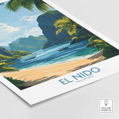 El Nido Travel Poster showcasing a tropical beach scene with mountains and palm trees in vibrant colors.
