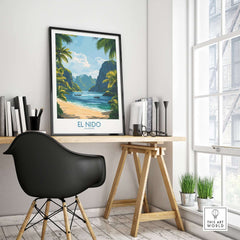 El Nido Travel Poster displayed on a desk in a stylish home office setting, showcasing tropical scenery.