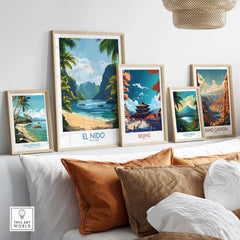 El Nido Travel Poster displayed among other travel posters in a stylish home decor setting.