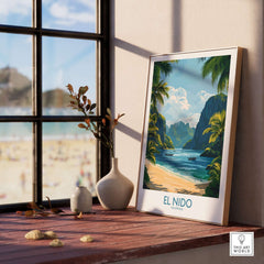 El Nido Travel Poster framed on a windowsill with a beach view, showcasing lush landscapes and vibrant colors.