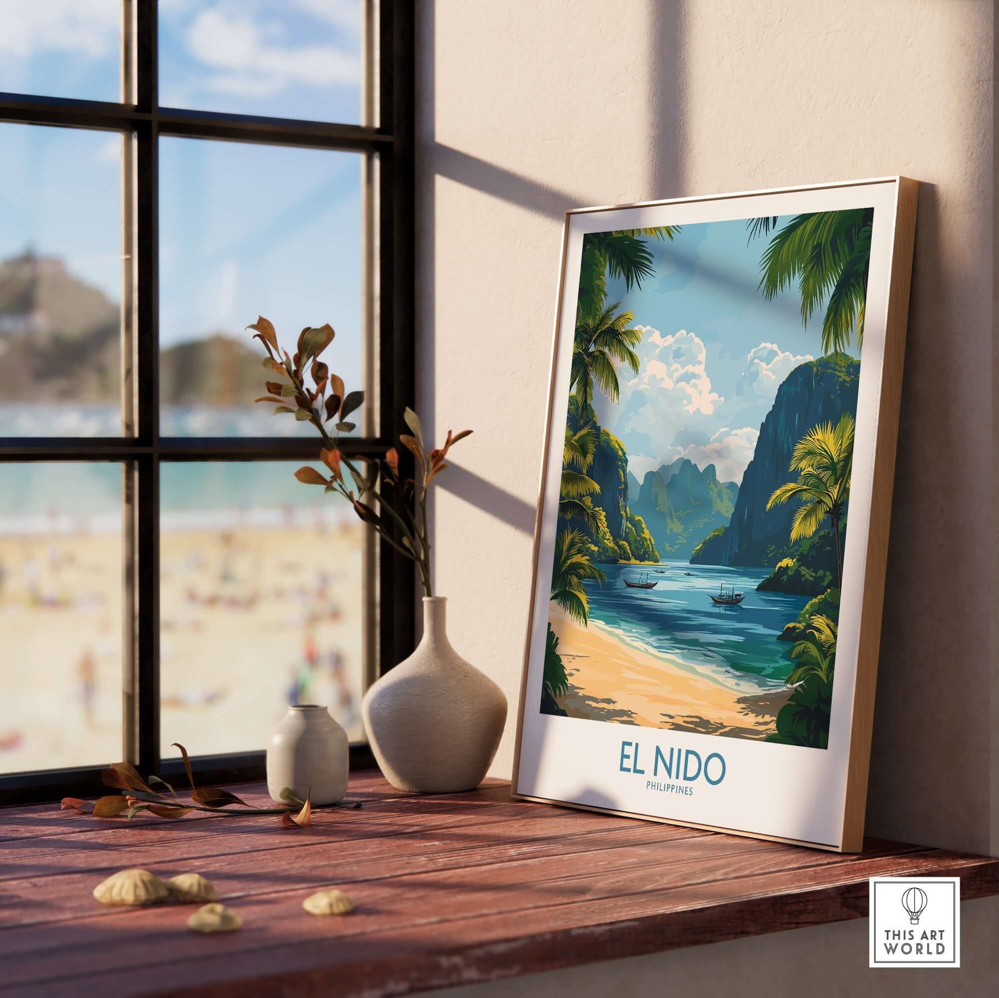 El Nido Travel Poster framed on a windowsill with a beach view, showcasing lush landscapes and vibrant colors.