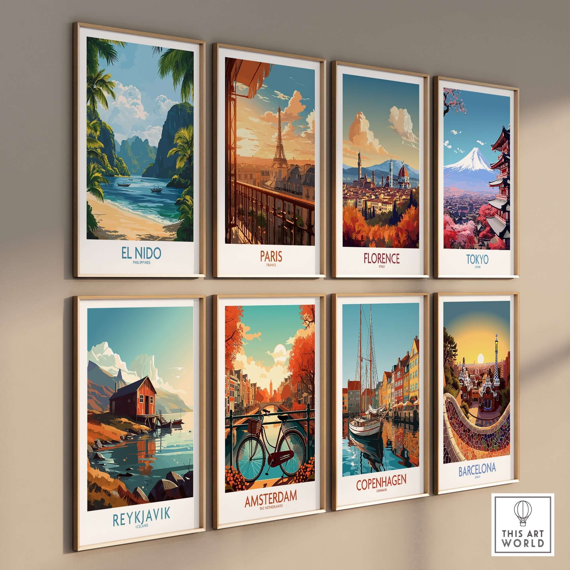El Nido Travel Poster among other iconic city travel posters featuring vibrant colors and landmarks.