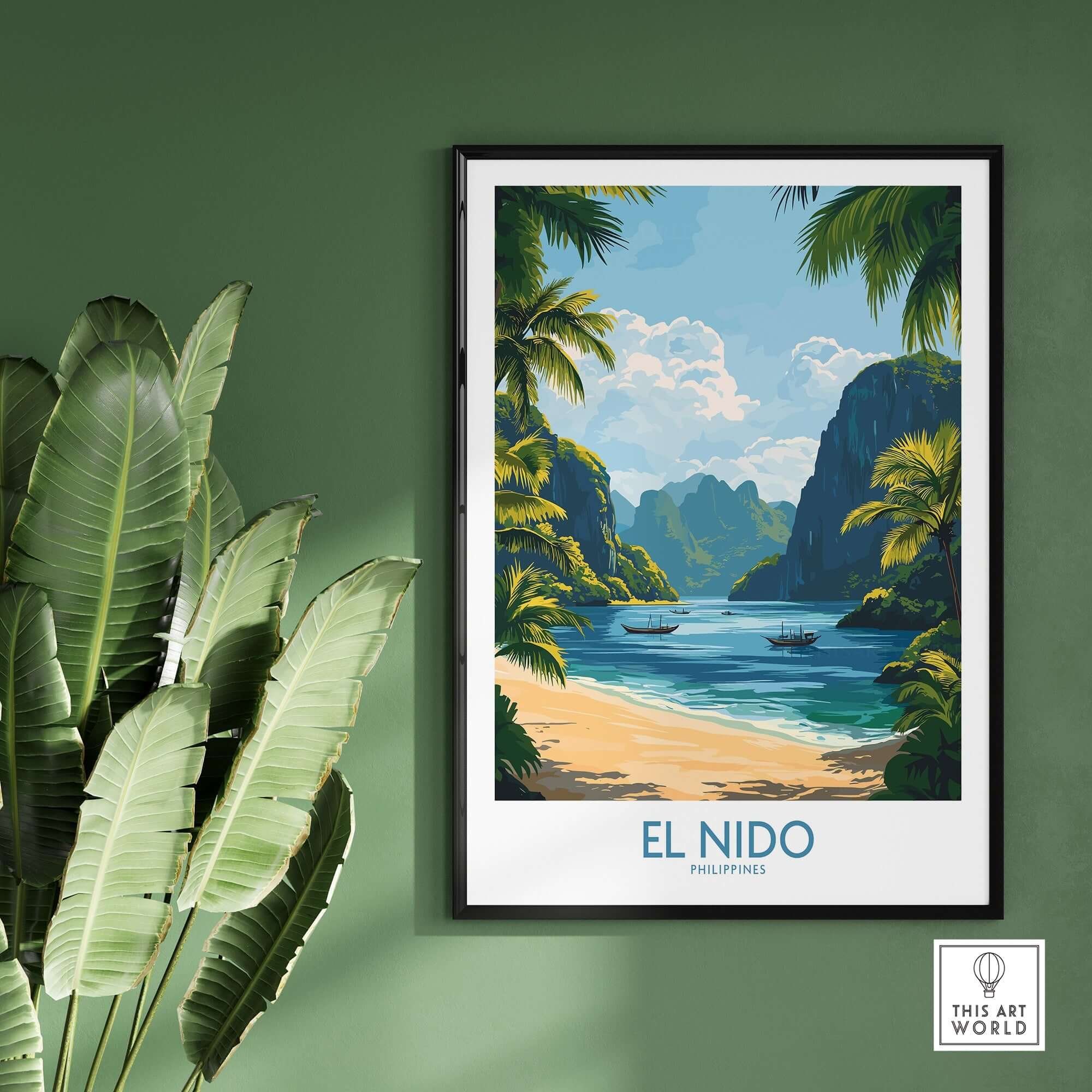 El Nido Travel Poster featuring a vibrant beach scene with mountains and palm trees, perfect for home decor.