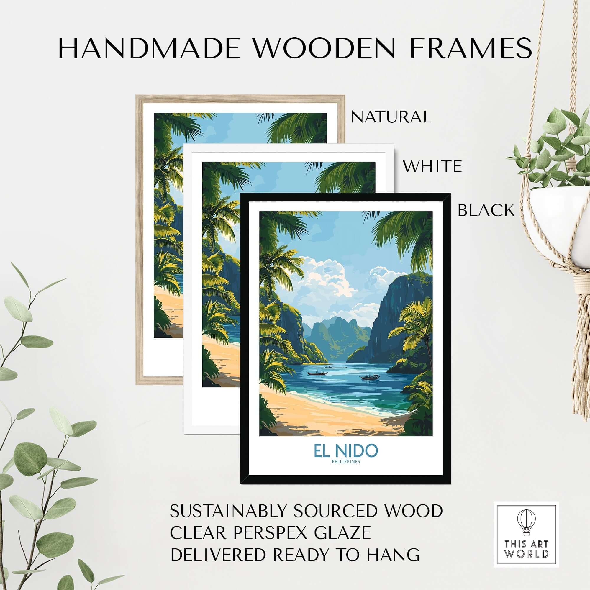 El Nido Travel Poster framed in natural, white, and black handmade wooden frames with tropical landscape.