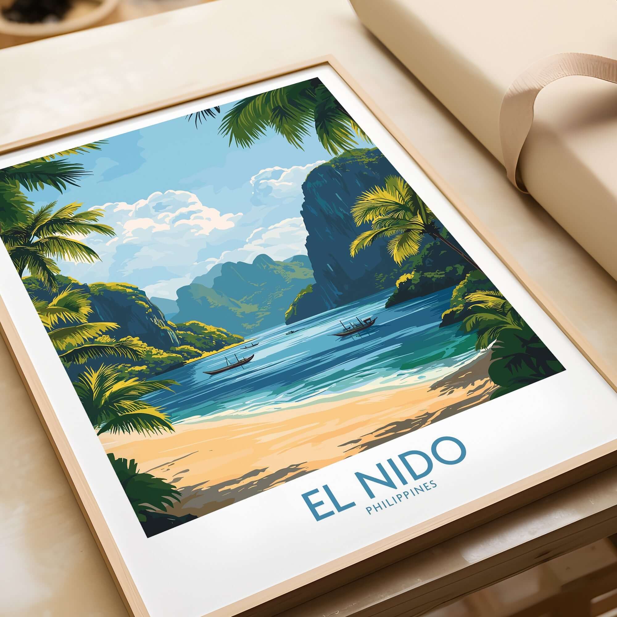 El Nido Travel Poster depicting a tropical beach scene with vibrant colors and iconic landscapes of El Nido.