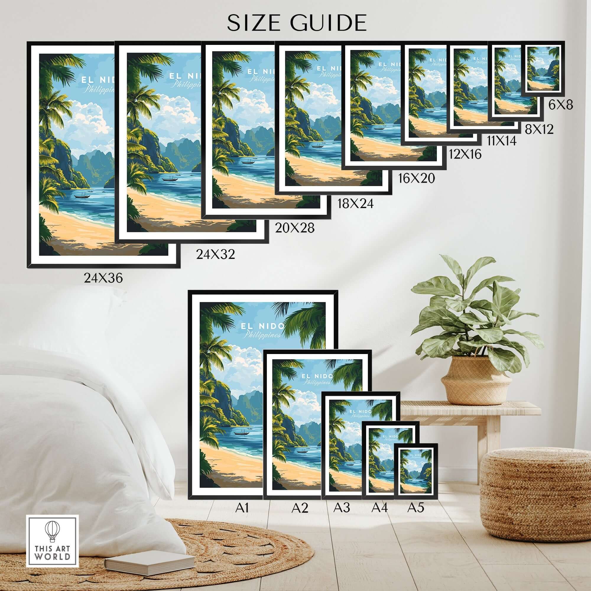 El Nido Travel Print size guide showing various dimensions and framed styles for home decor.
