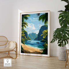 El Nido Travel Print showcasing a tropical beach scene and lush landscapes of El Nido, Philippines.