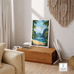 El Nido Travel Print displayed in a stylish living room with natural decor, showcasing tropical scenery.