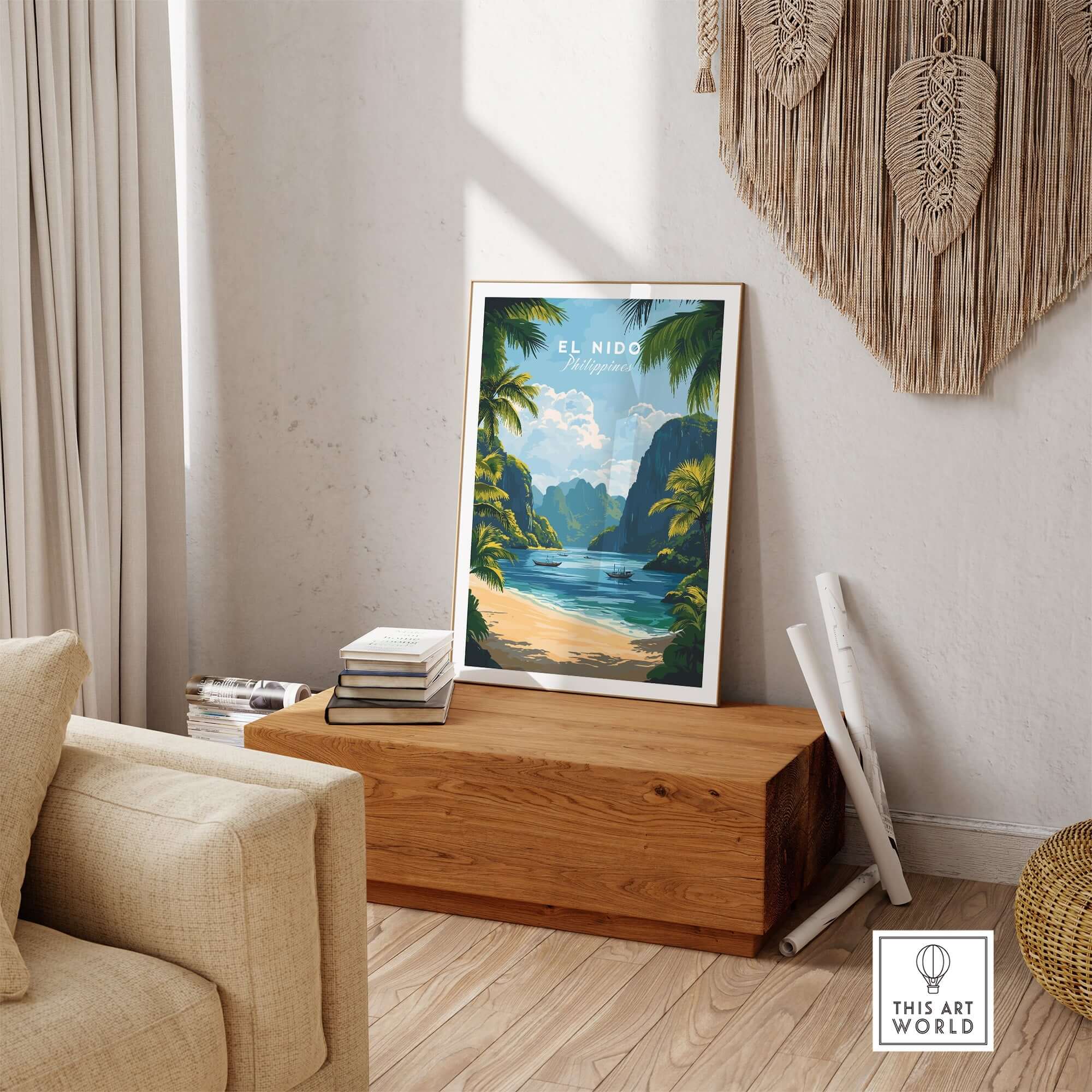 El Nido Travel Print displayed in a stylish living room with natural decor, showcasing tropical scenery.