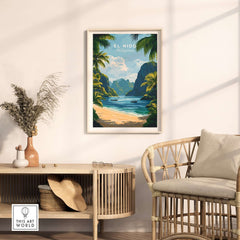 El Nido Travel Print displayed in a modern living room featuring tropical beach scenery and lush mountains.
