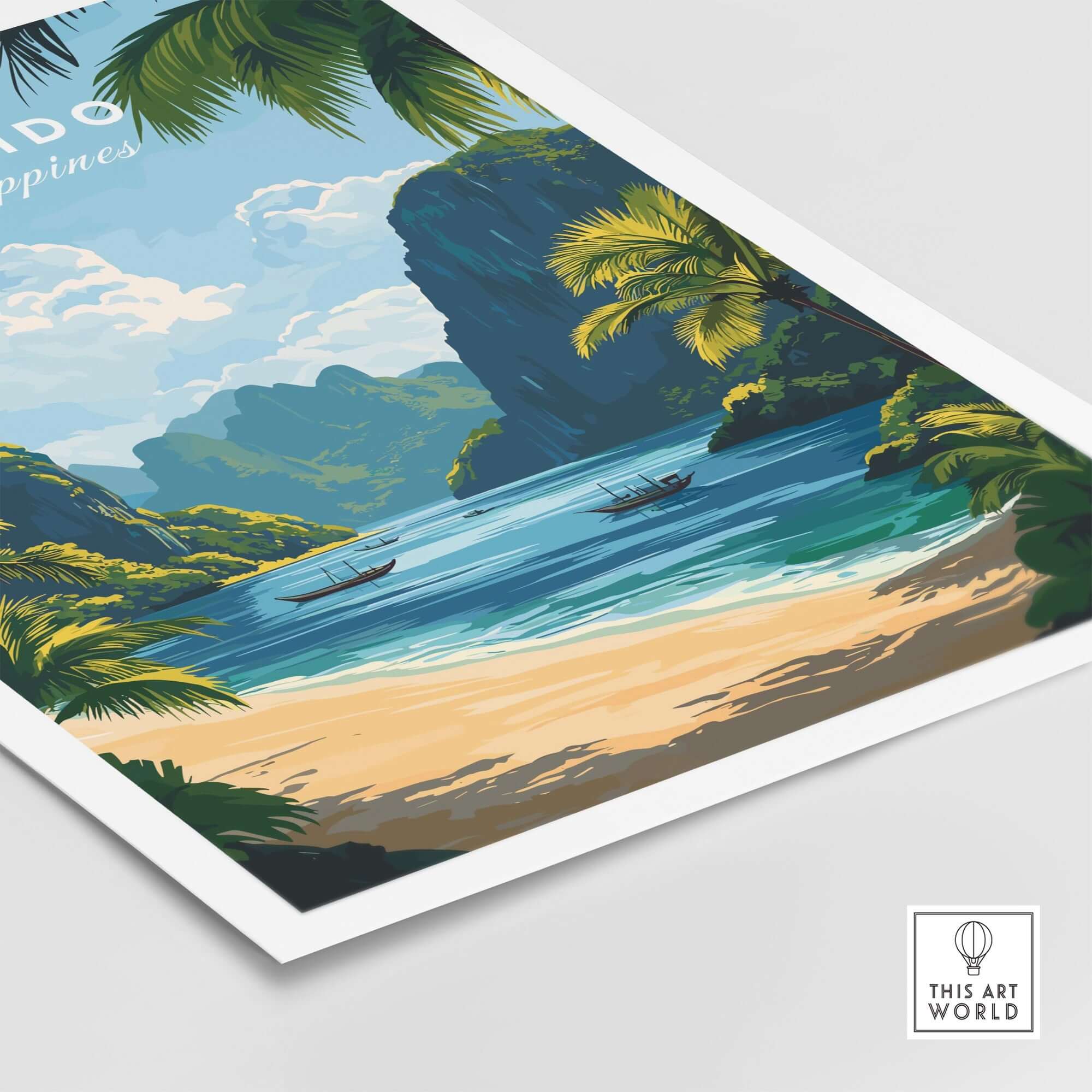 El Nido Travel Print showcasing a picturesque beach scene in the Philippines with vibrant colors and lush landscapes.