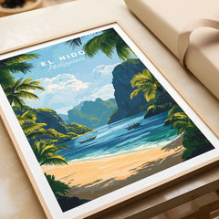 El Nido Travel Print featuring a serene beach and lush landscapes of El Nido, Philippines.