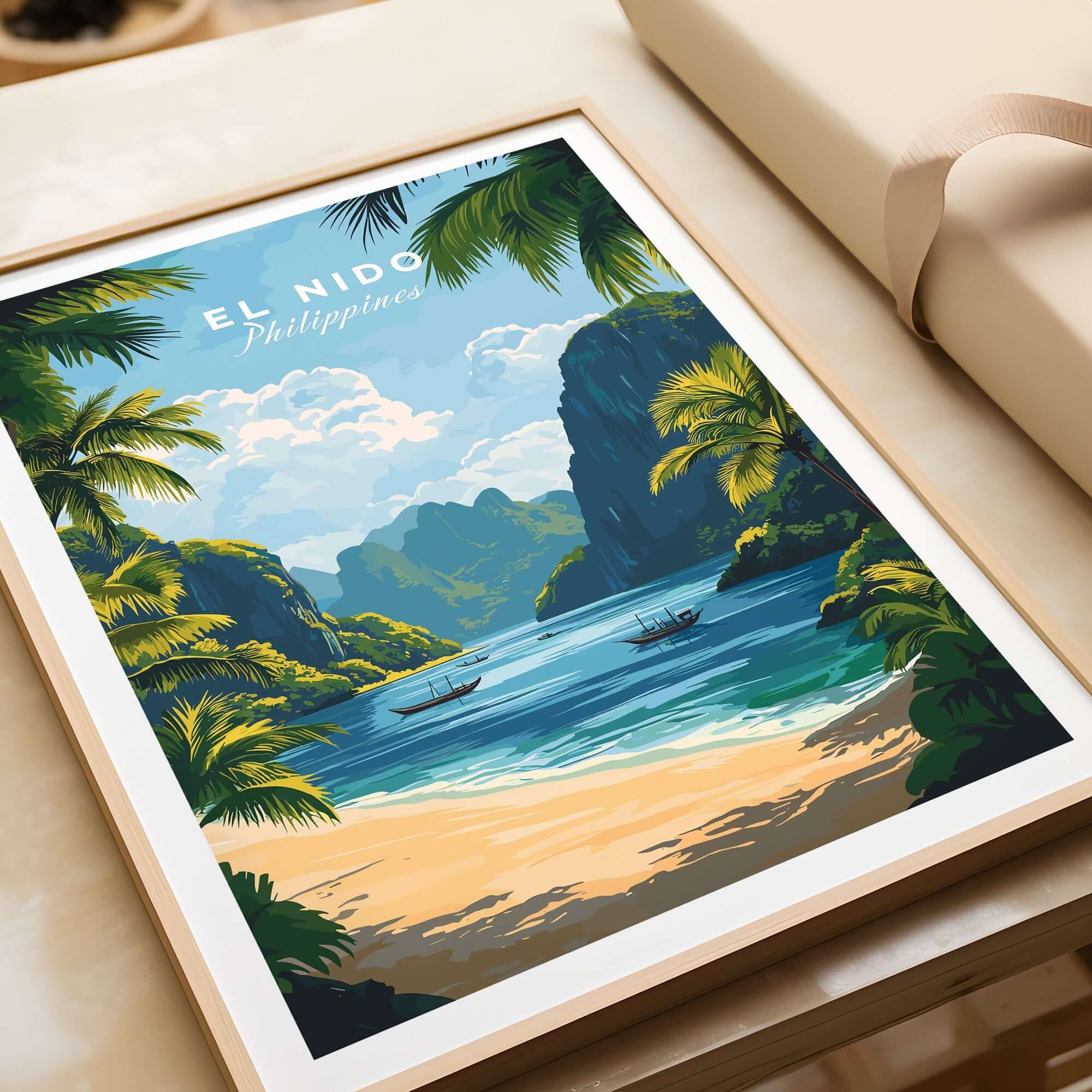El Nido Travel Print featuring a serene beach and lush landscapes of El Nido, Philippines.