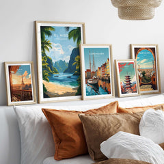 El Nido Travel Print showcasing beautiful landscapes and travel destinations in framed prints on a cozy sofa.