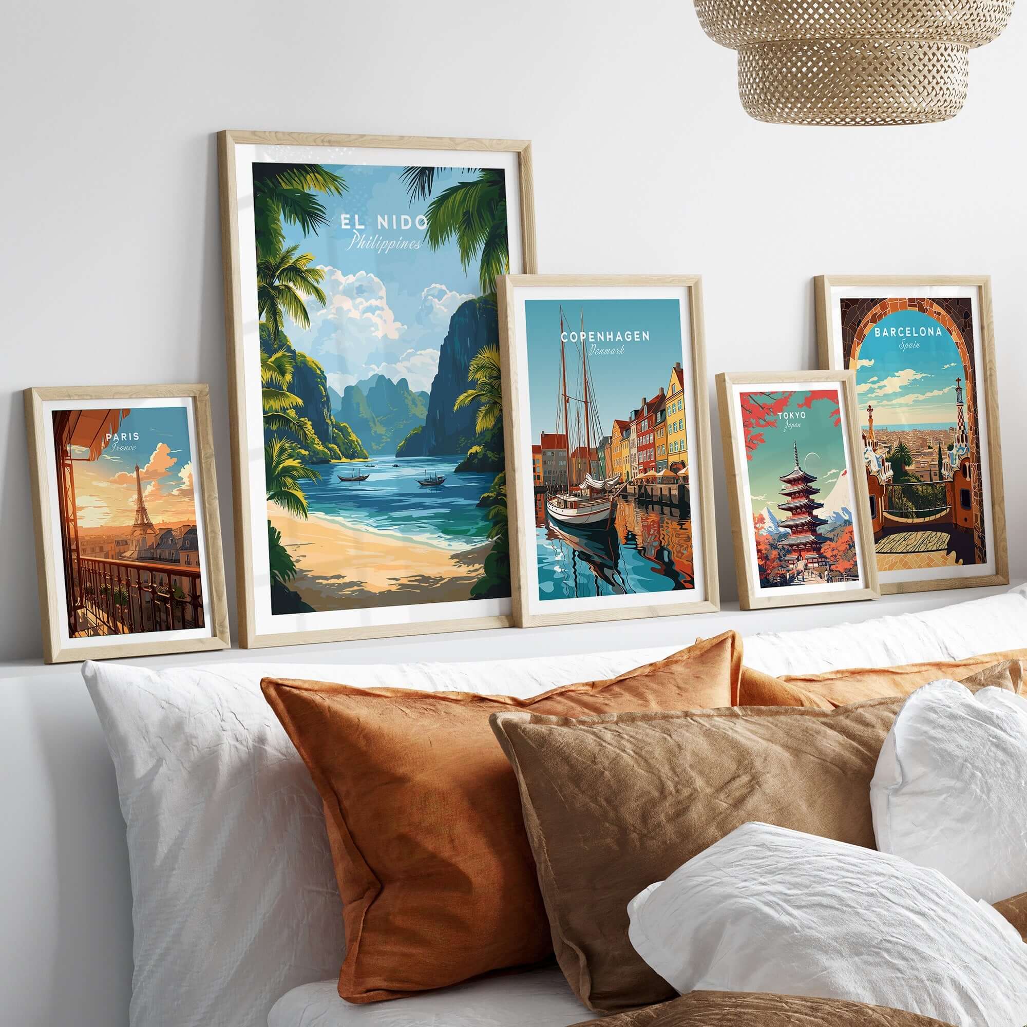 El Nido Travel Print showcasing beautiful landscapes and travel destinations in framed prints on a cozy sofa.
