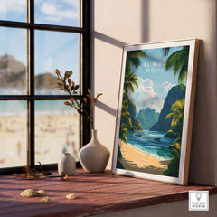 El Nido Travel Print showcasing a tropical beach scene in a stylish home decor setting.