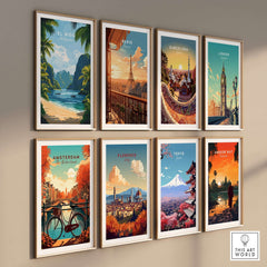 A collection of travel prints including an El Nido Travel Print showcasing a beach and lush landscapes.