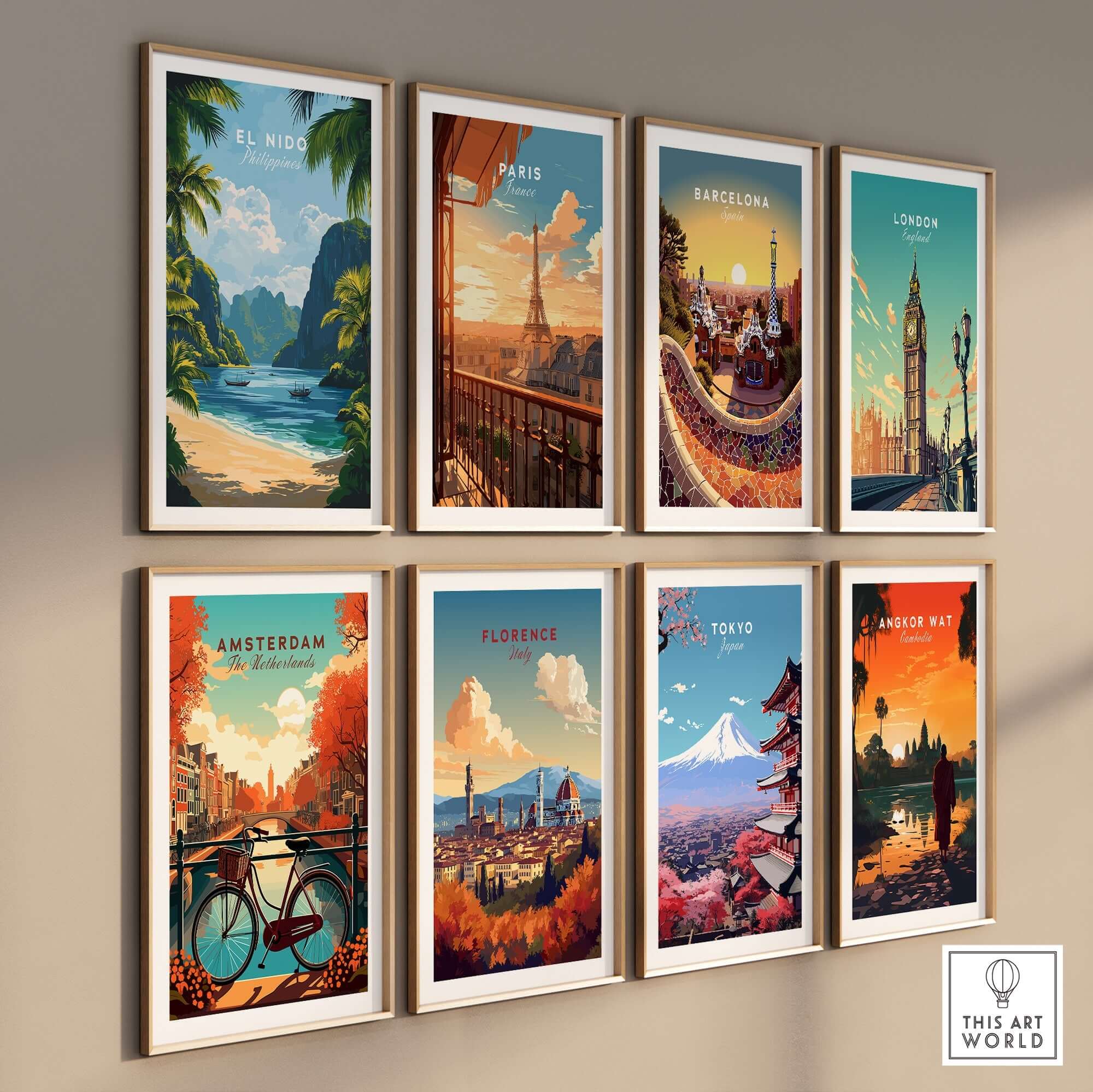A collection of travel prints including an El Nido Travel Print showcasing a beach and lush landscapes.