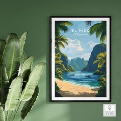 El Nido Travel Print featuring a scenic beach landscape in the Philippines with lush foliage.