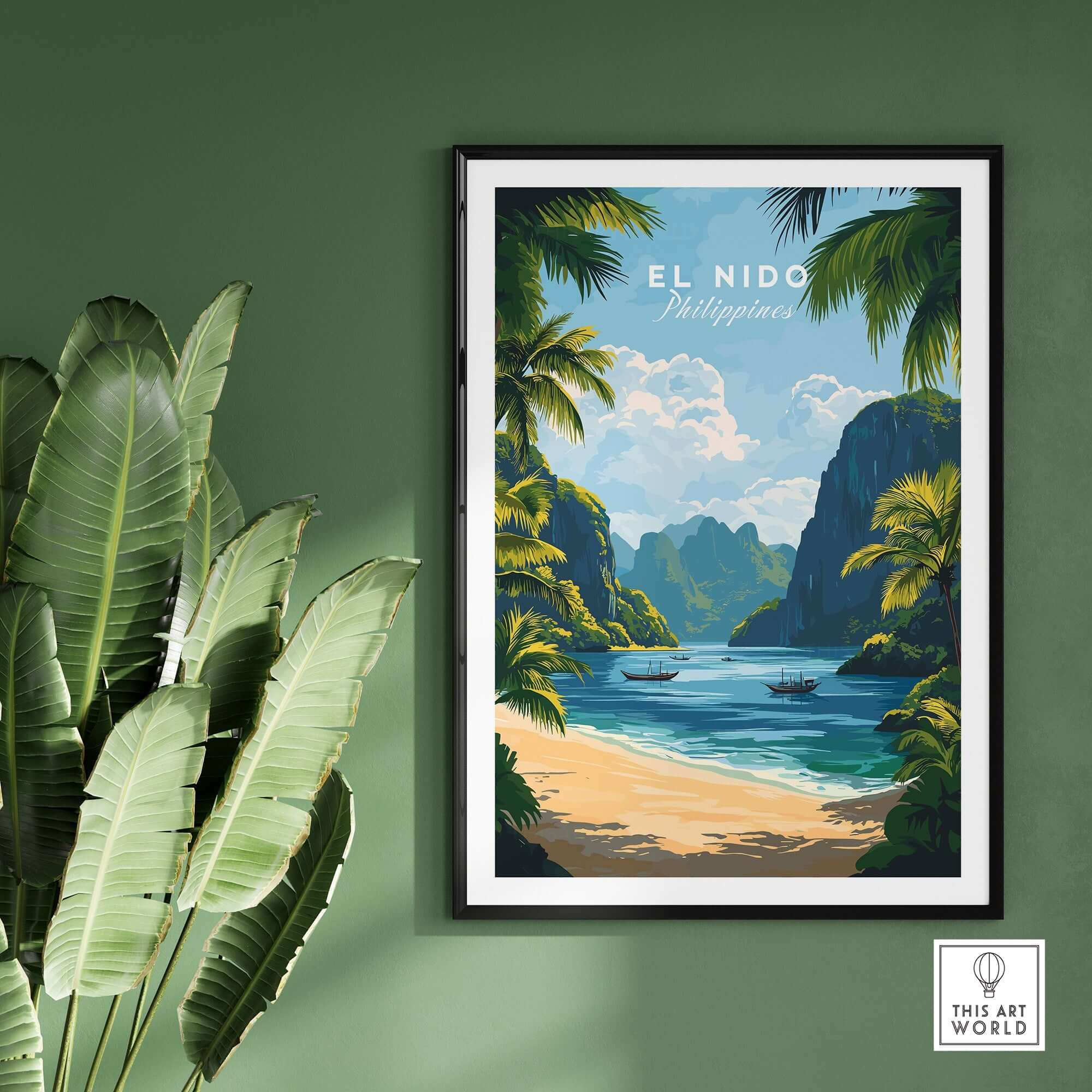 El Nido Travel Print featuring a scenic beach landscape in the Philippines with lush foliage.