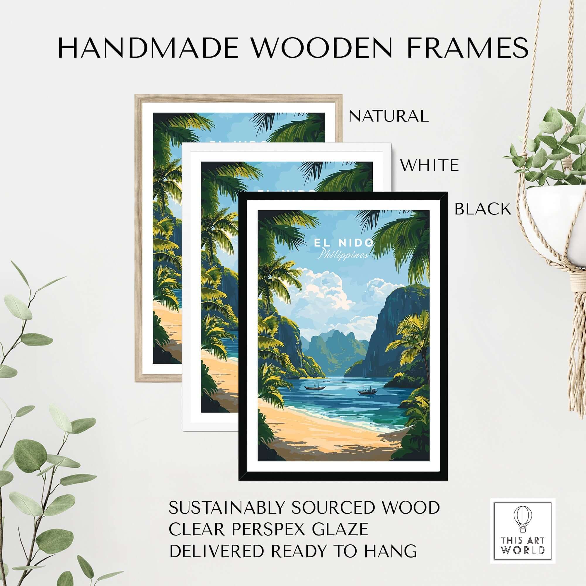 El Nido Travel Print framed in handmade wooden frames in natural, white, and black finishes.