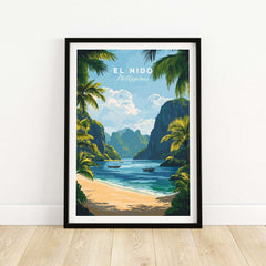 El Nido Travel Print showcasing a tropical beach scene with palm trees and mountains in the Philippines.