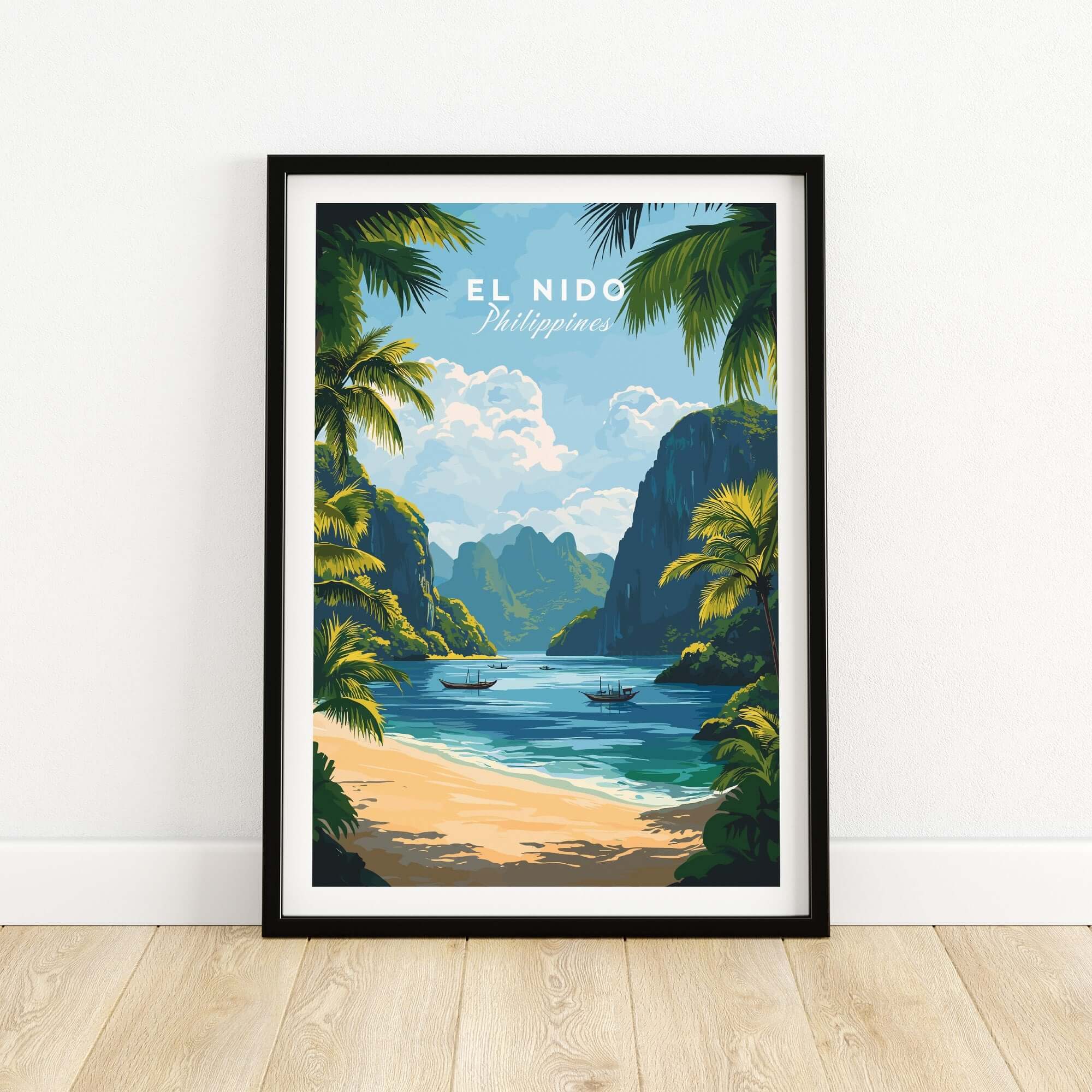 El Nido Travel Print showcasing a tropical beach scene with palm trees and mountains in the Philippines.