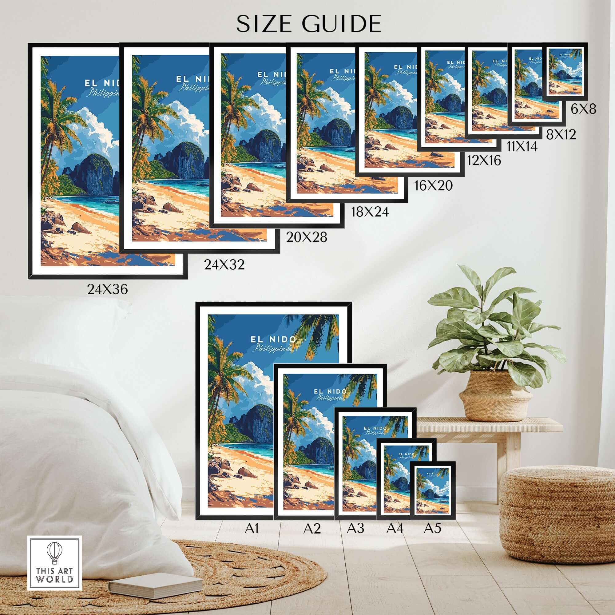 Size guide for El Nido Wall Art Philippines showcasing various frame sizes for home decor.