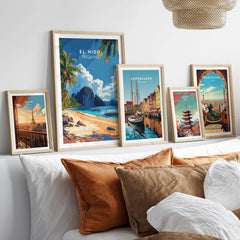 El Nido Wall Art Philippines displayed among other vibrant travel-themed artworks.