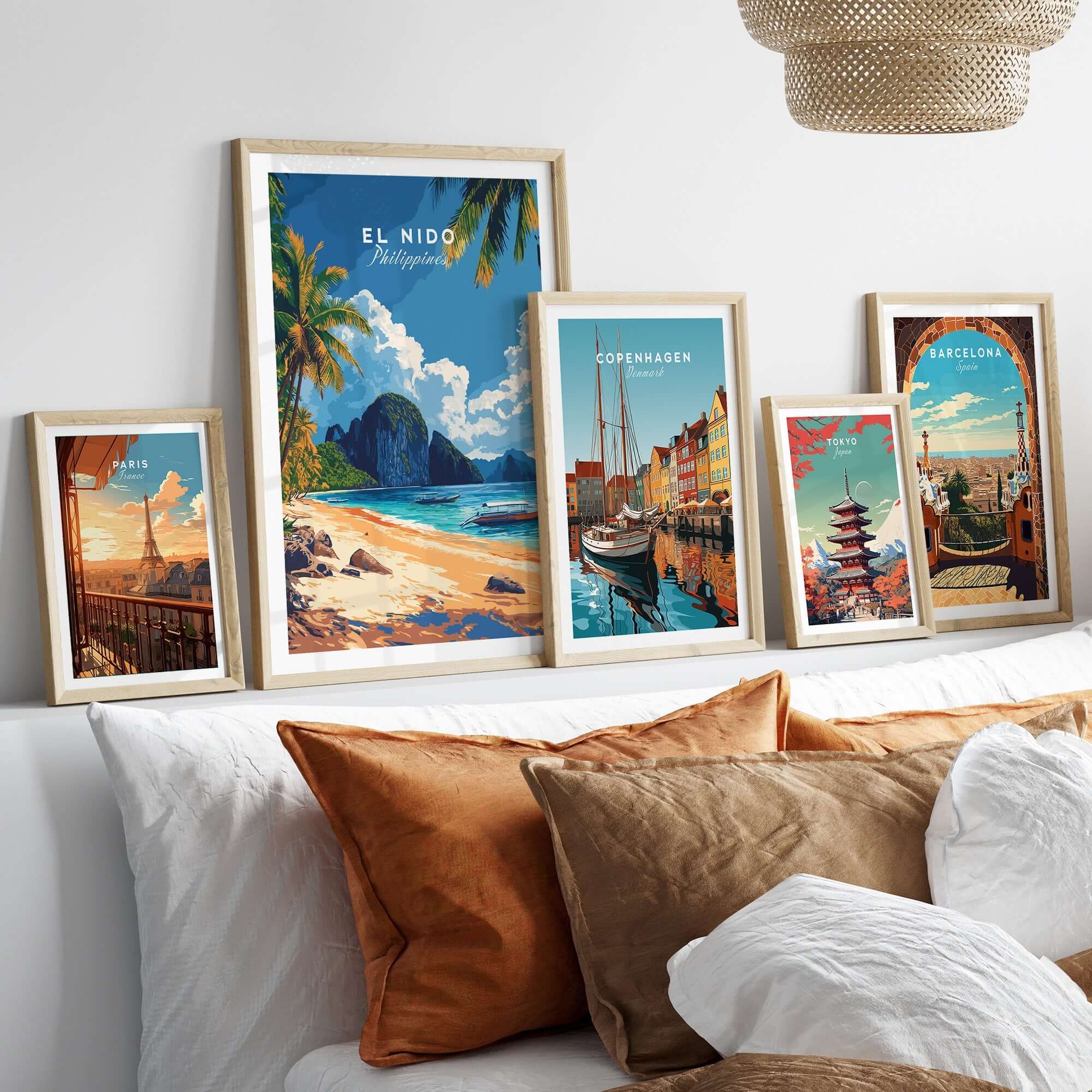 El Nido Wall Art Philippines displayed among other vibrant travel-themed artworks.