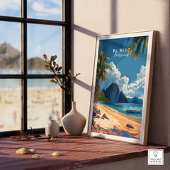 El Nido Wall Art Philippines displayed in a bright room with a beach view, showcasing vibrant colors and intricate details.