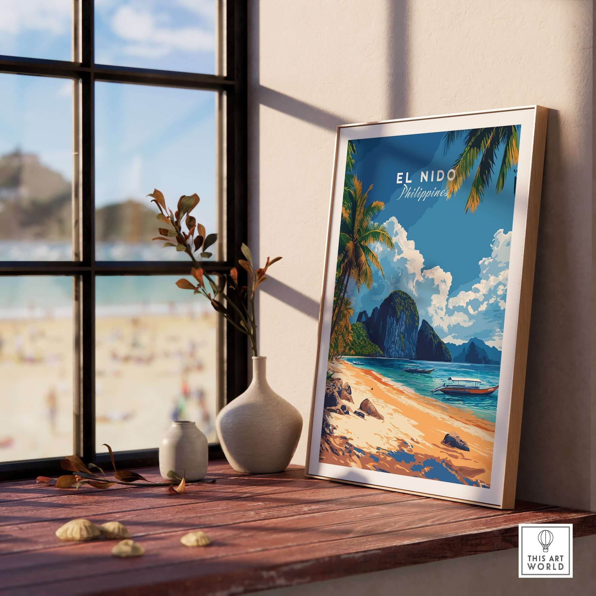 El Nido Wall Art Philippines displayed in a bright room with a beach view, showcasing vibrant colors and intricate details.