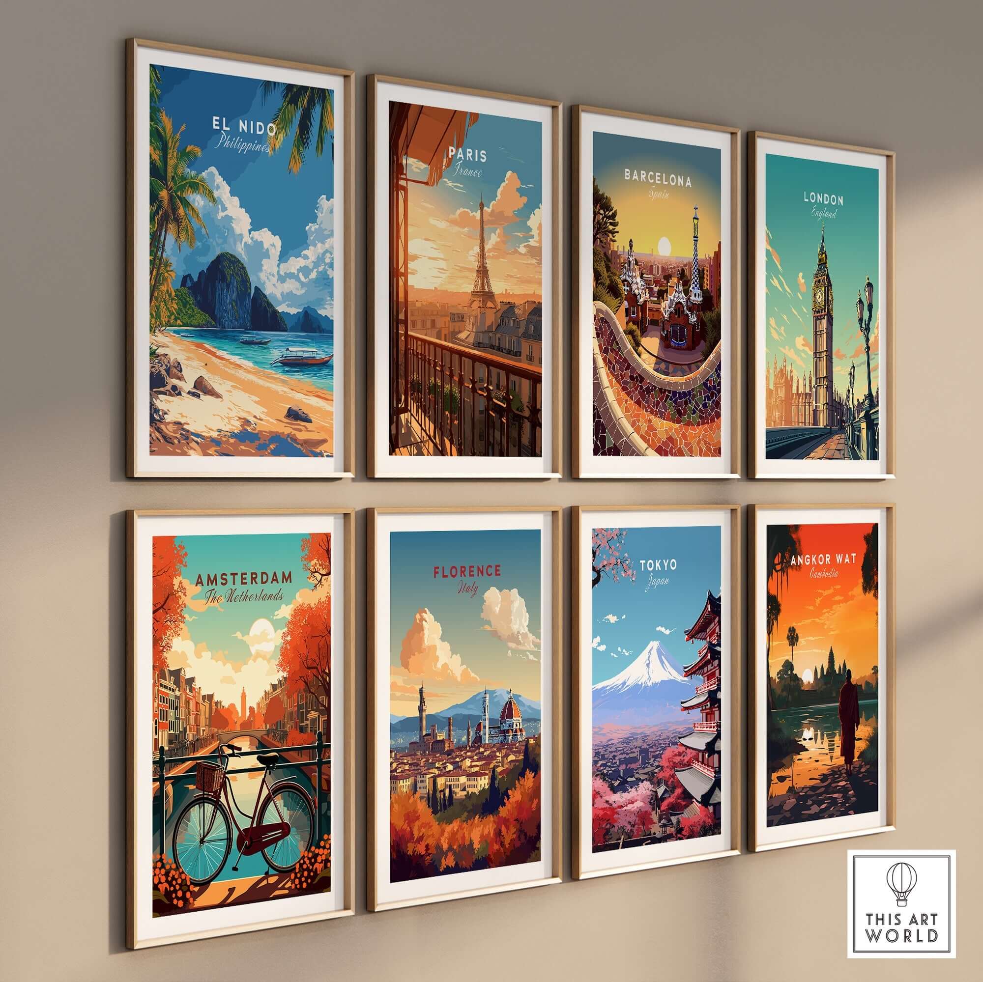 El Nido Wall Art Philippines displayed among other city-themed art pieces on a gallery wall.