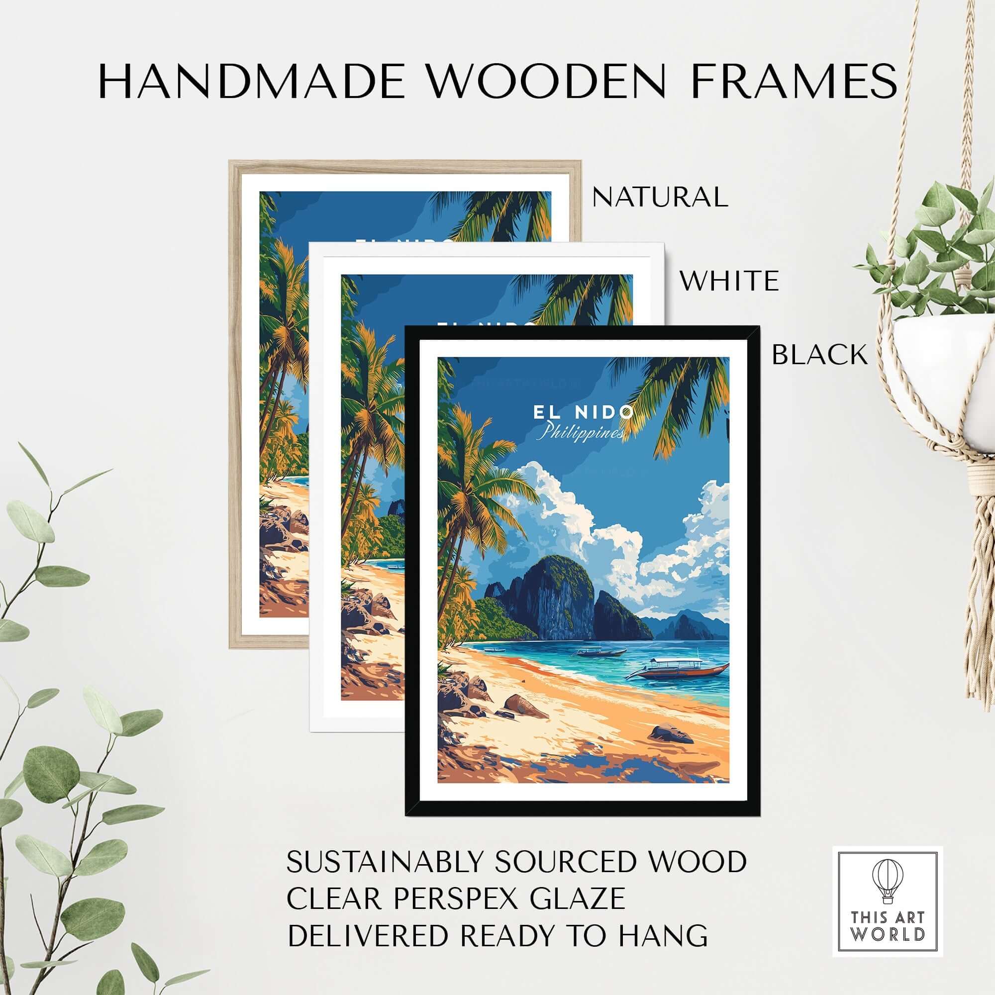 El Nido Wall Art Philippines framed in natural, white, and black handmade wooden frames.