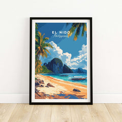 El Nido Wall Art Philippines featuring vibrant beach scene with palm trees and breathtaking cliffs.