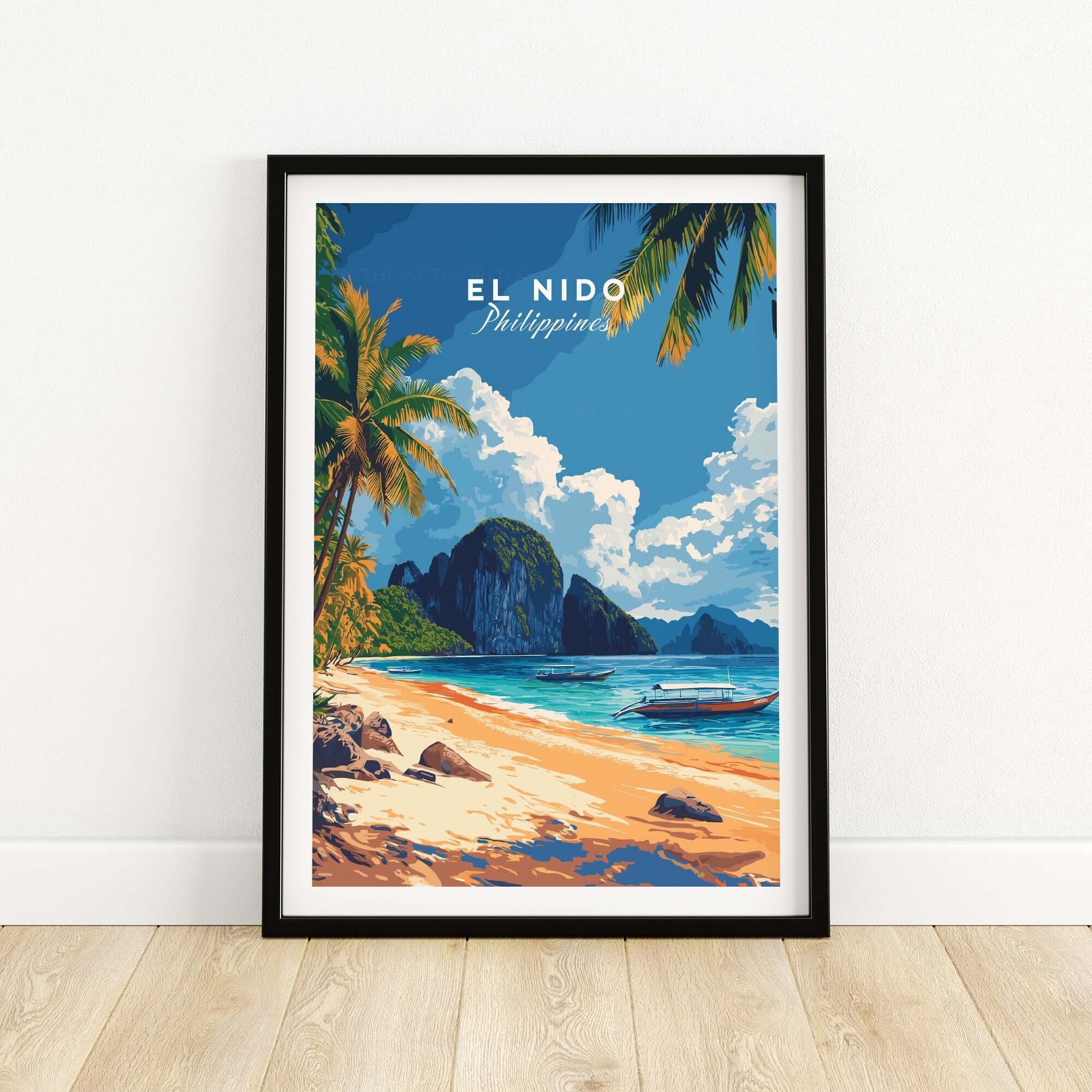 El Nido Wall Art Philippines featuring vibrant beach scene with palm trees and breathtaking cliffs.