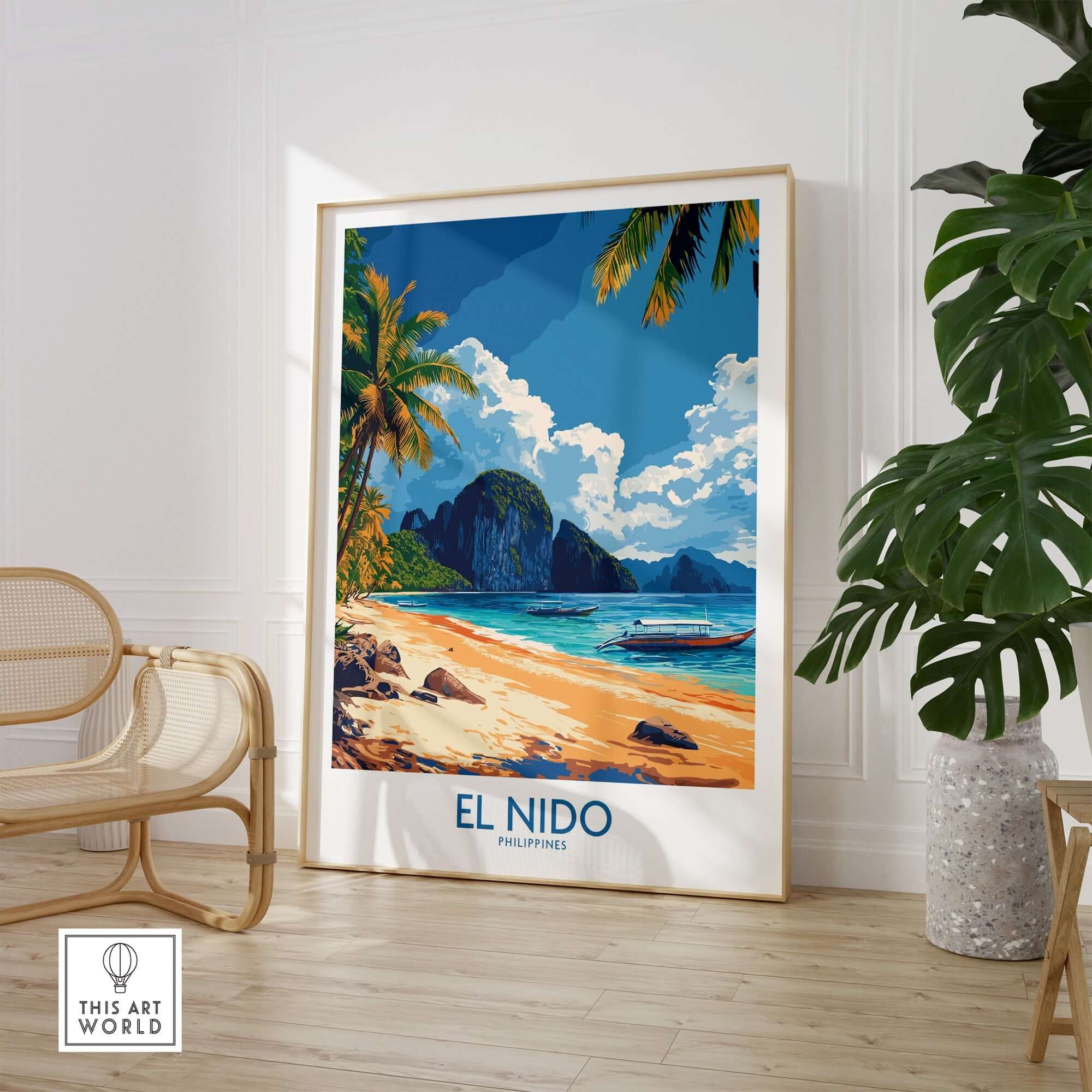 El Nido Wall Art Print Philippines displayed in a stylish living room, featuring a serene beach scene.