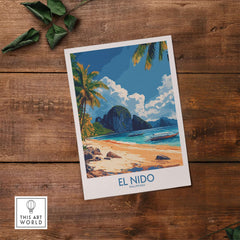 El Nido Wall Art Print Philippines featuring a beach scene with palm trees and mountains.