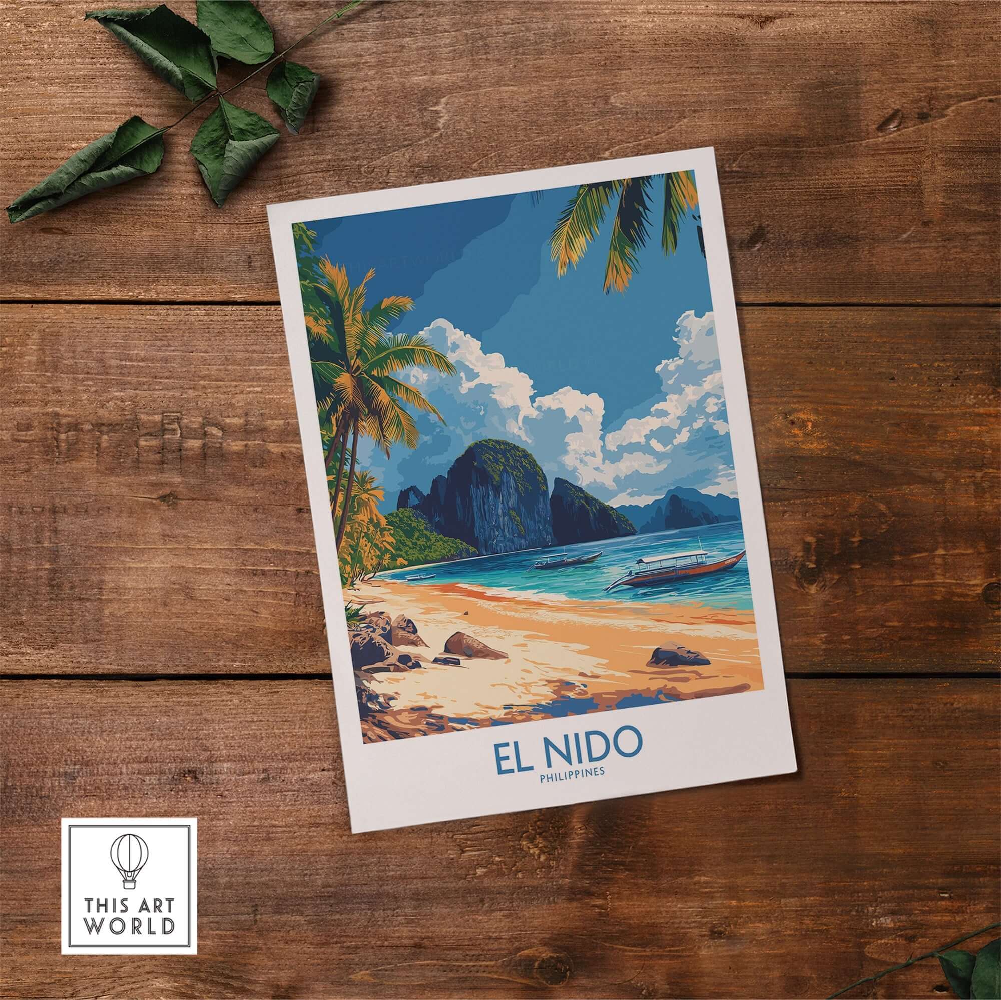 El Nido Wall Art Print Philippines featuring a beach scene with palm trees and mountains.
